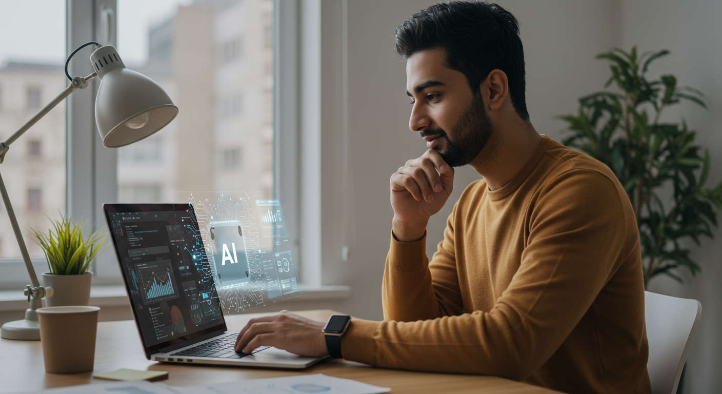 Small business owner using AI virtual assistant on laptop, modern office setting, digital marketing automation, friendly and productive atmosphere