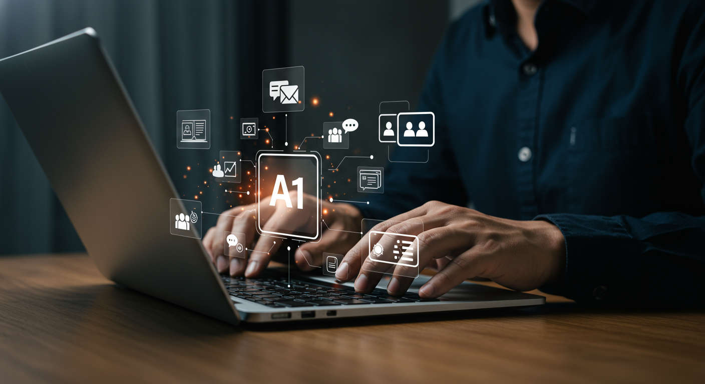 Small and medium business owner using AI content automation on a laptop, surrounded by icons representing blog posts, social media updates, and ads, showing consistent daily publishing and SEO optimisation