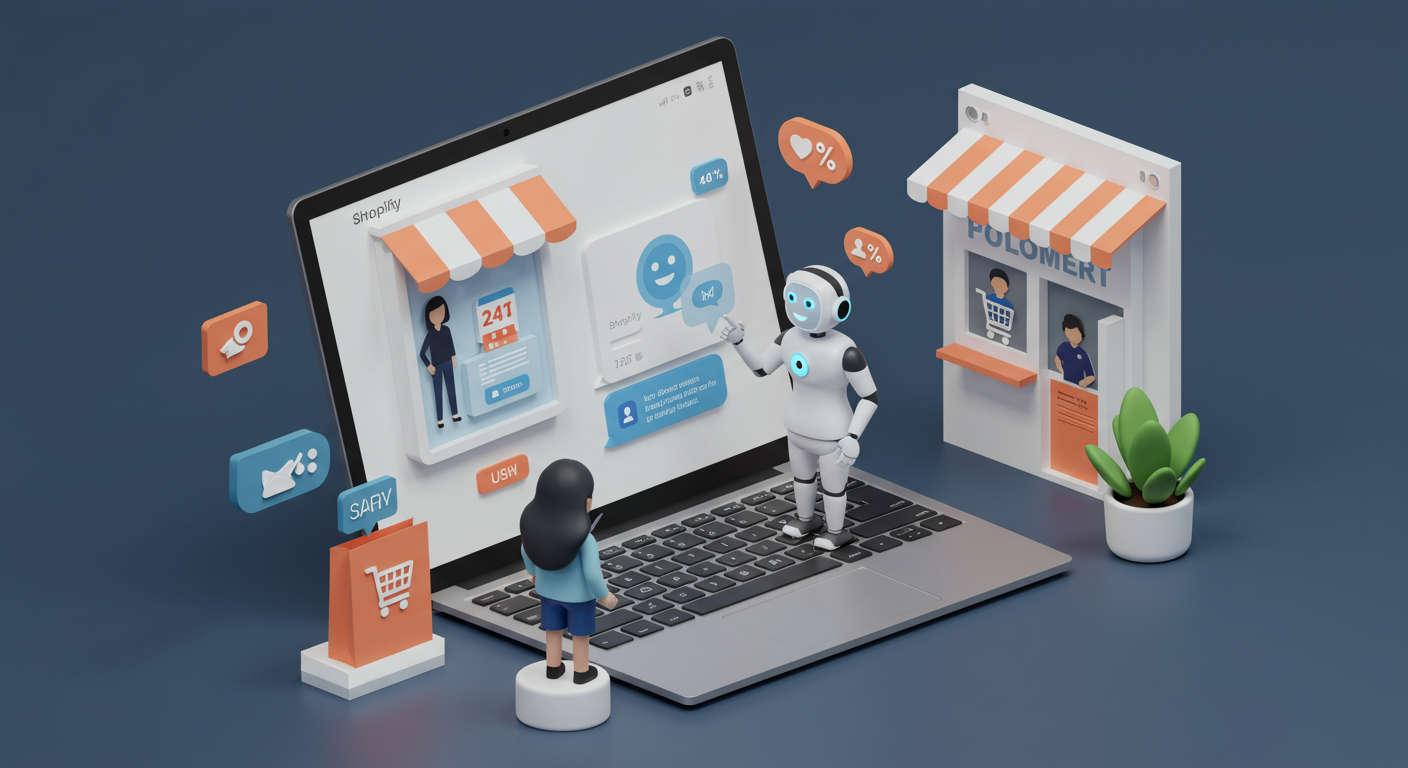 A modern AI virtual assistant bot interacting with customers on a Shopify online store interface, symbolising 24/7 customer support automation for small businesses and startups.