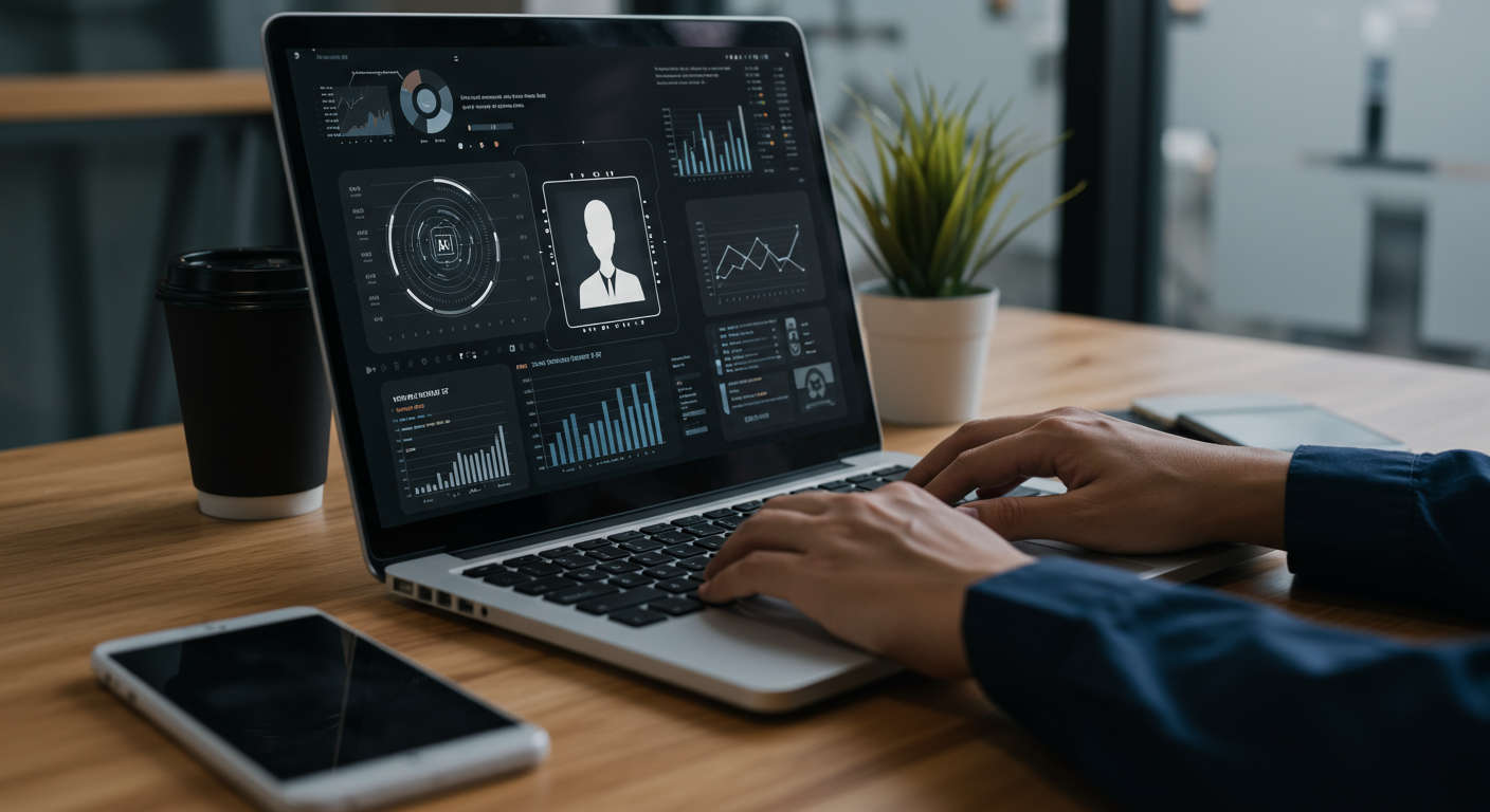 A small business owner using AI virtual employee platform on a laptop, with SEO graphs and keyword research on screen, modern office environment