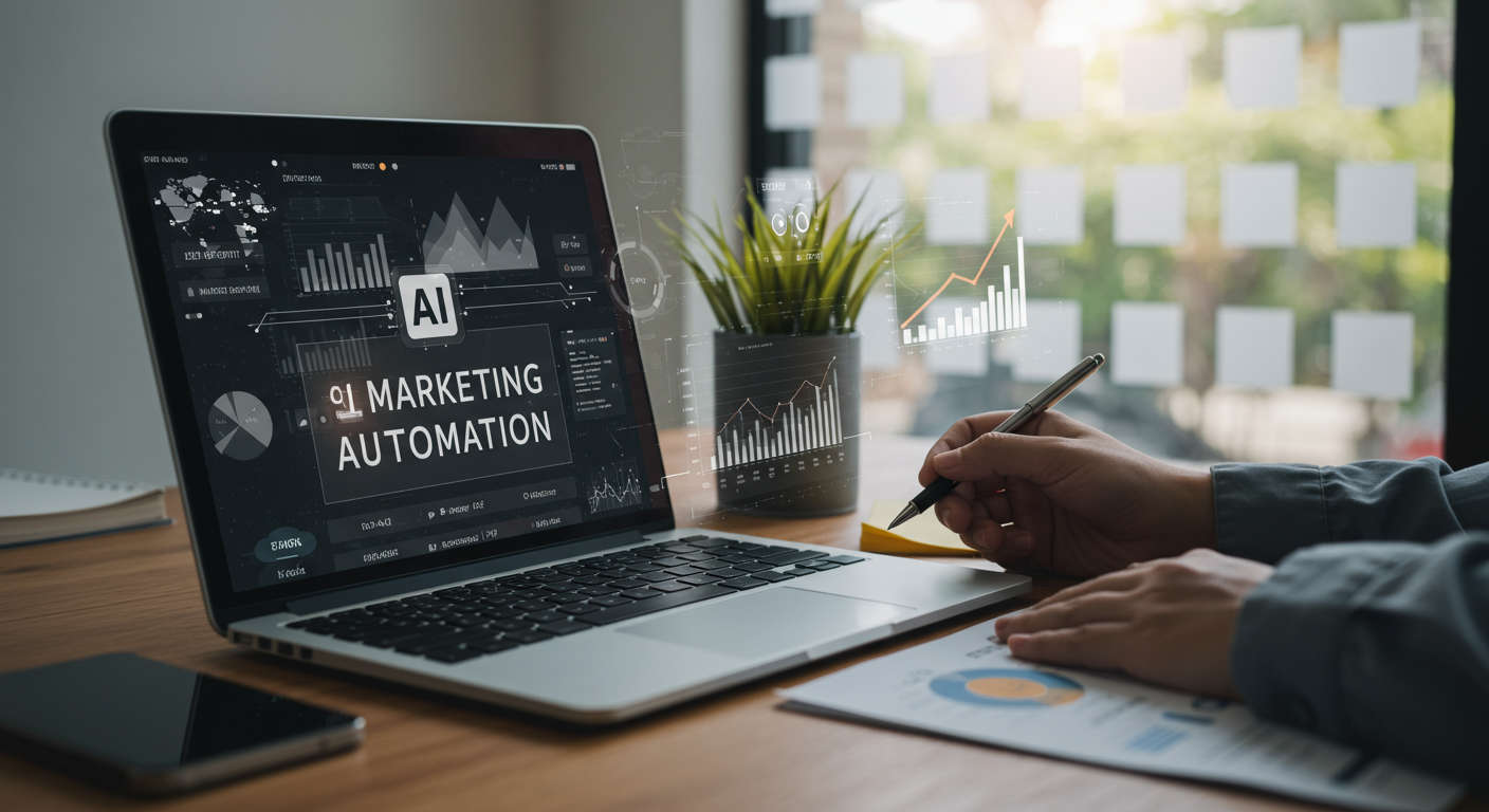 A modern office workspace with a laptop displaying AI marketing automation software, surrounded by charts and graphs symbolising ROI growth, with a small business owner analysing data in a bright professional setting