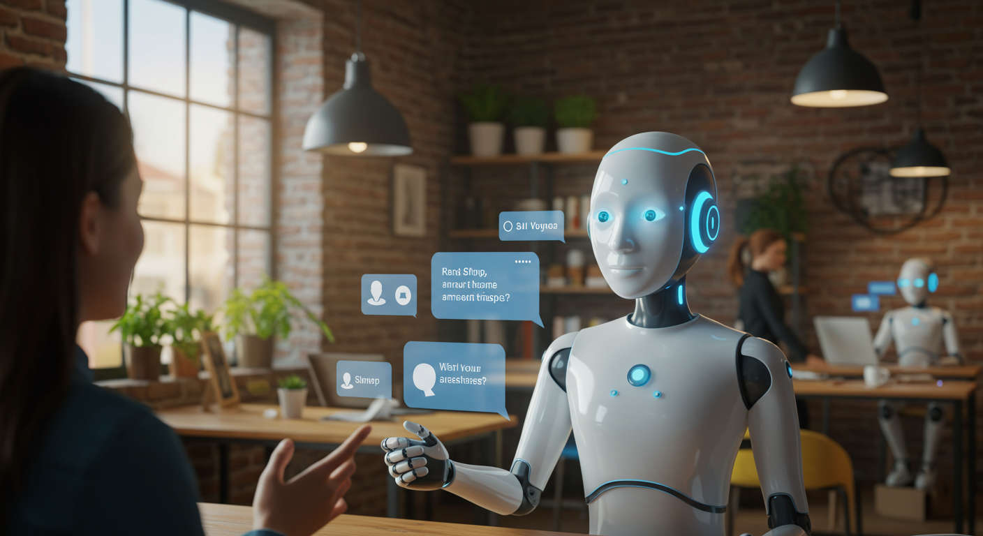 A friendly AI virtual employee assisting customers online, with chat bubbles showing quick responses, set in a small business environment