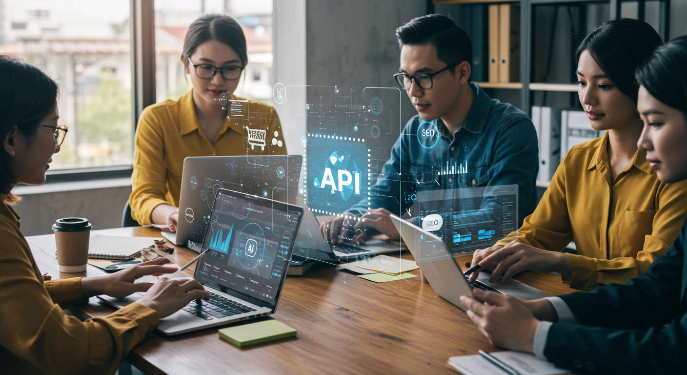 Small business owners and startup entrepreneurs using AI virtual assistants and automation tools on laptops and tablets in a modern office, illustrating AI content automation and lead generation integration.