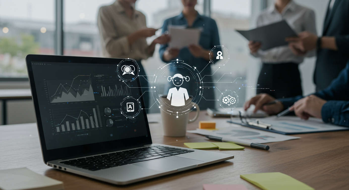 Modern office workspace with laptop showing SEO analytics and AI virtual assistant icons, representing AI-powered SEO automation for SMBs and startups