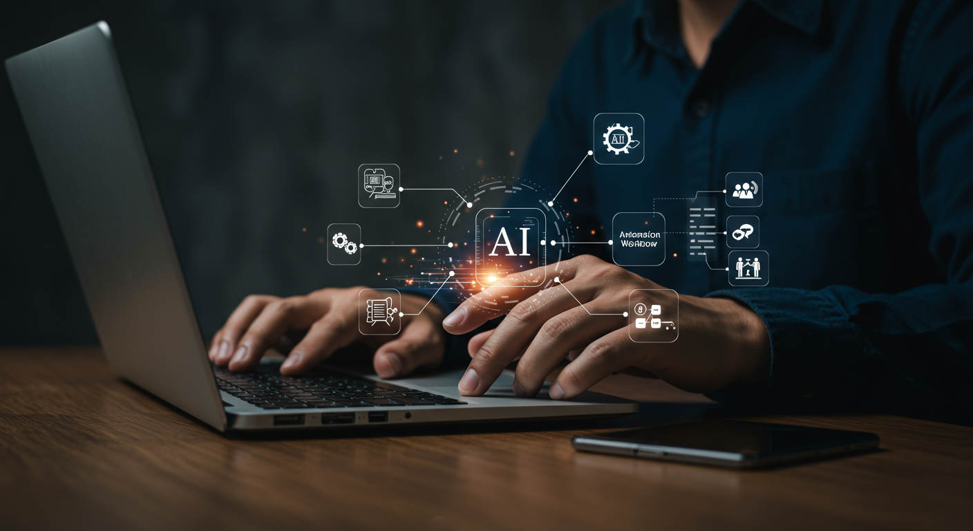 A small business owner easily setting up AI automation on a laptop using WordPress and Shopify plugins, with icons representing no-code AI onboarding, automation workflows, and virtual employees