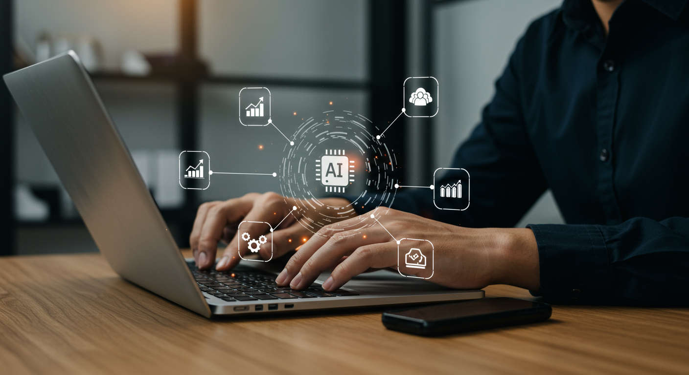 Small business owner using AI automation on a laptop, surrounded by icons representing lead generation, content creation, and customer engagement, modern office setting