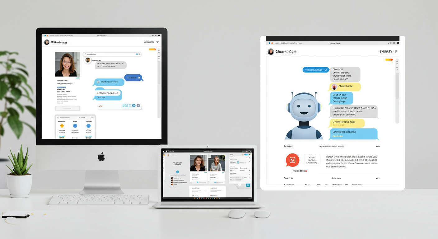 AI chatbot engaging with website visitors on WordPress and Shopify platforms with a friendly interface and digital communication