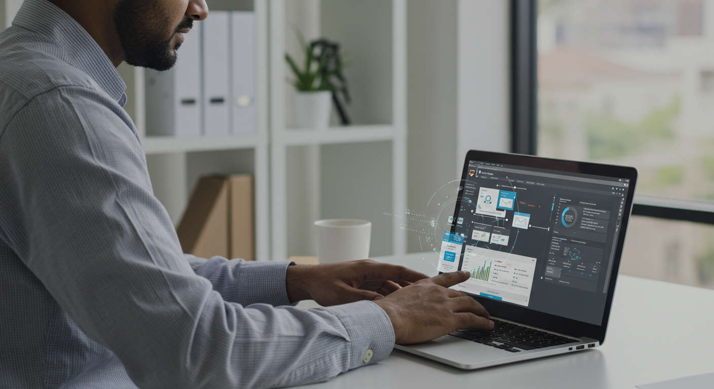 Small business owner using AI email marketing automation on a laptop, showing dynamic email sequences and analytics dashboard, modern office background