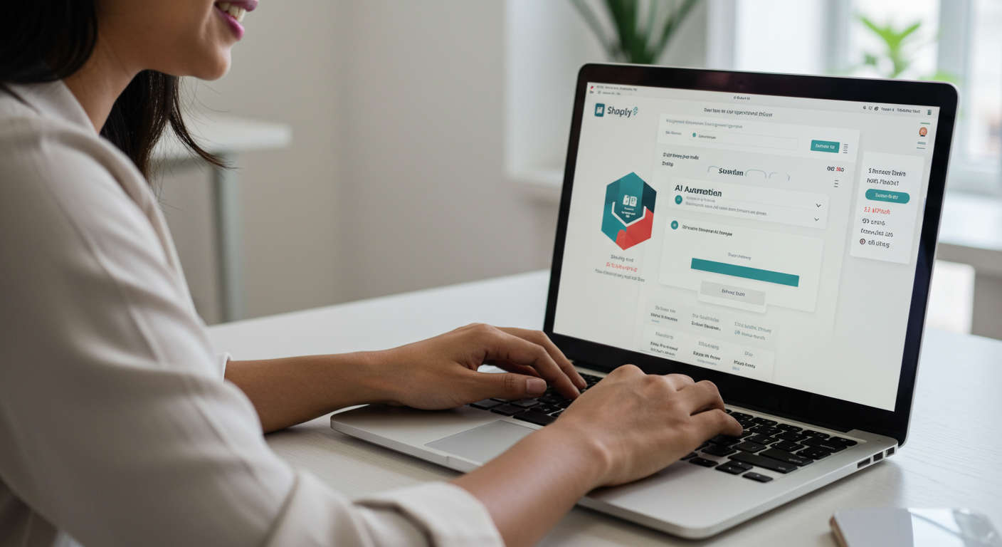 A small business owner using a laptop to install a Shopify AI automation plugin, showing plugin activation and account linking
