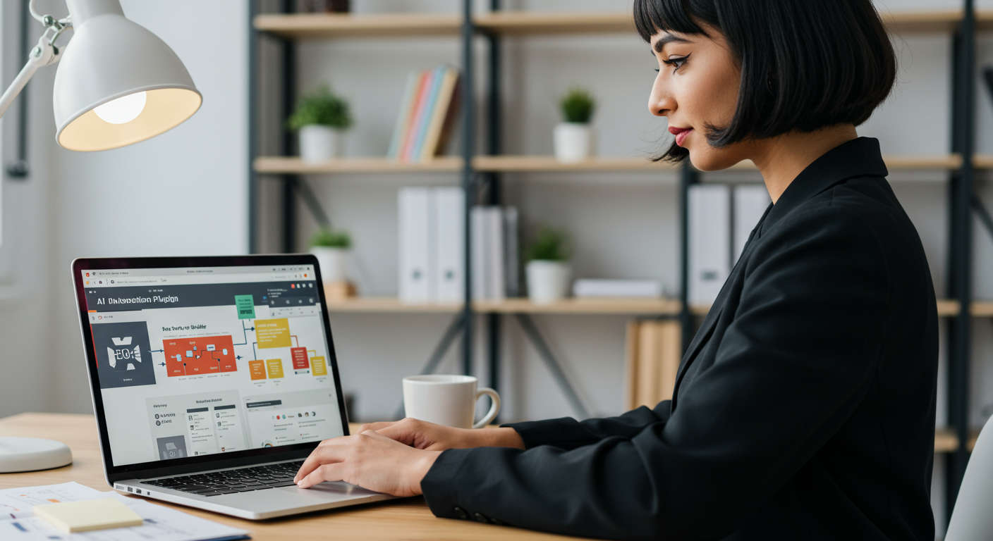 Small business owner using a no-code AI onboarding plugin on WordPress and Shopify, showing a laptop screen with AI automation dashboard and workflow builder, modern office setting