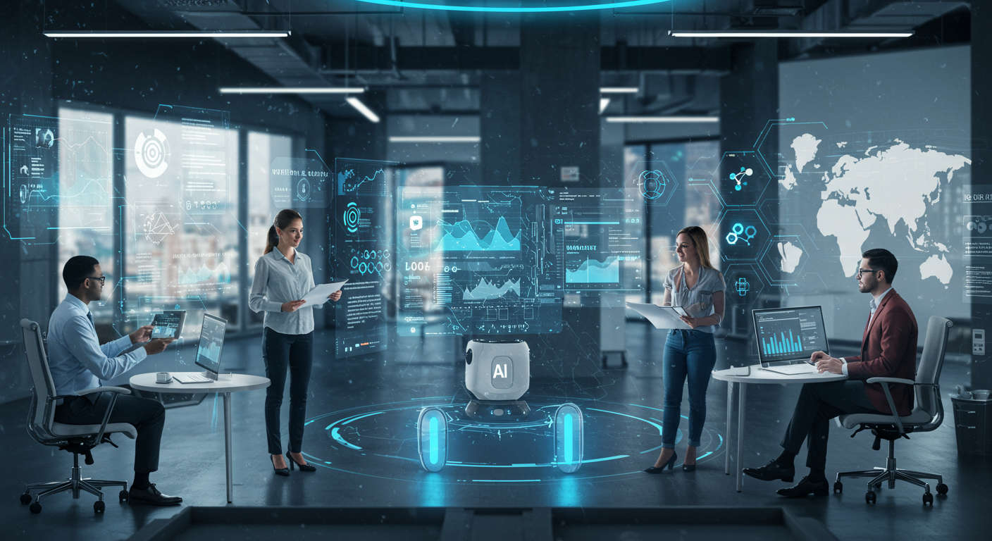 AI virtual employee working autonomously on lead generation tasks for small businesses in a futuristic office setting