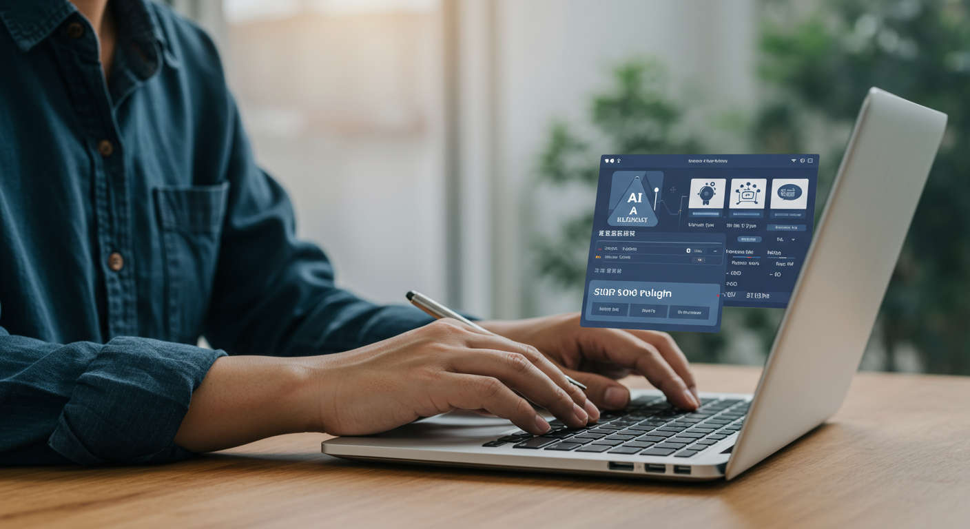 An enthusiastic small business owner installing and using a WordPress AI plugin on a laptop, showcasing a seamless plugin interface with SEO blog post automation features, bright and user-friendly environment