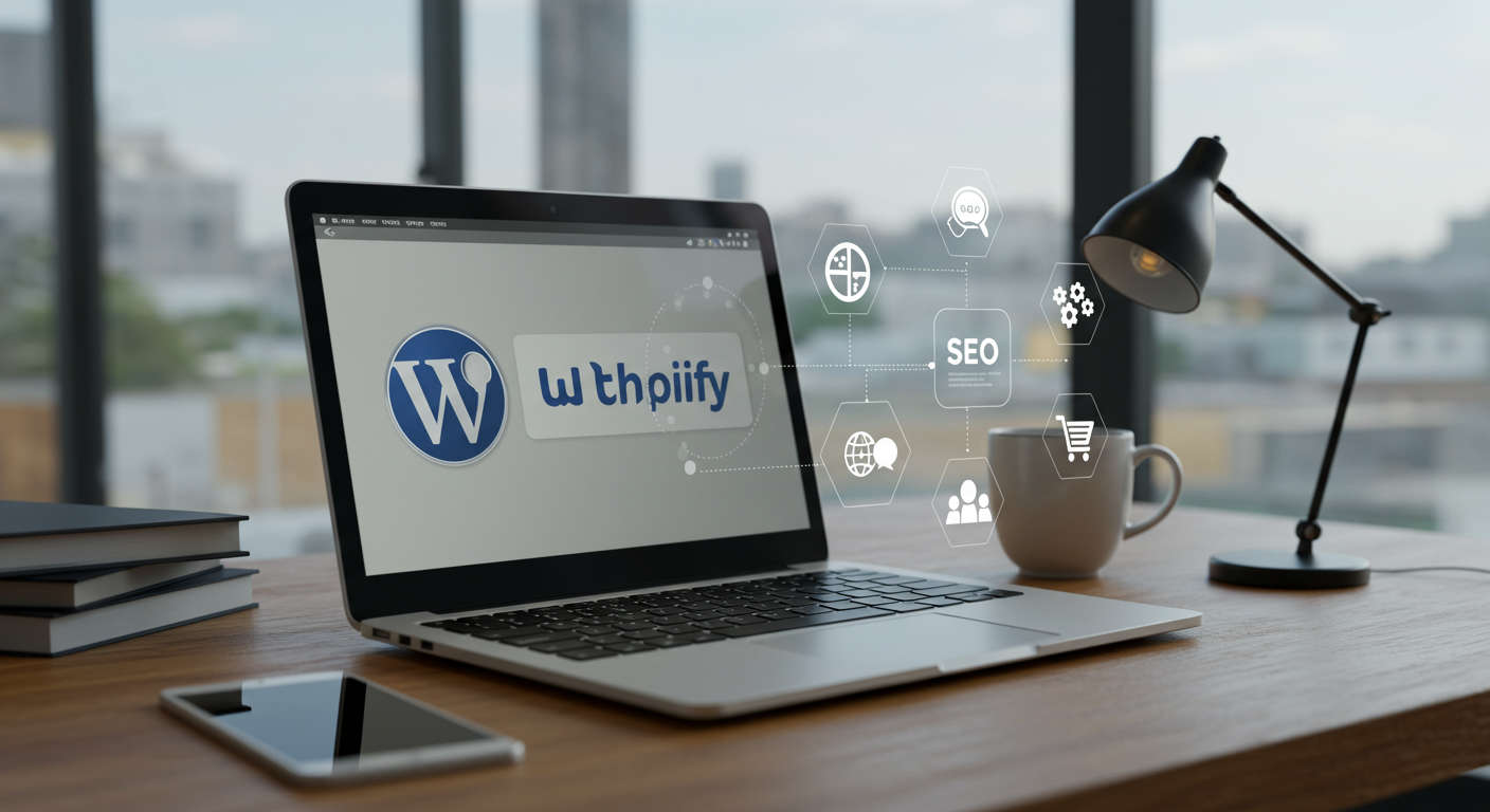 Modern small business office with laptop showing WordPress and Shopify logos, surrounded by AI automation and SEO icons, symbolising no-code AI onboarding for SMBs