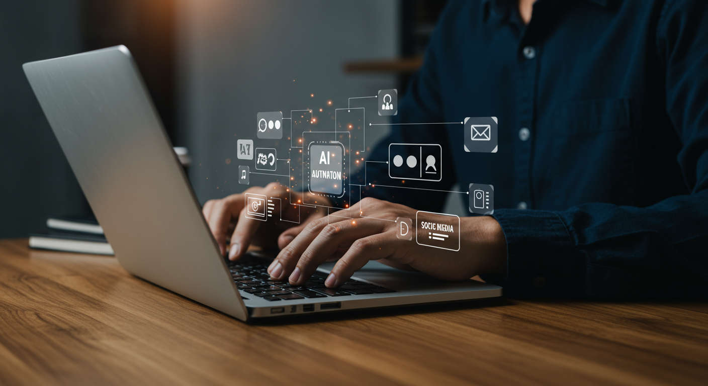 A small business owner using AI content automation on a laptop, surrounded by icons representing blog posts, social media captions, and email templates, illustrating efficient and scalable content creation