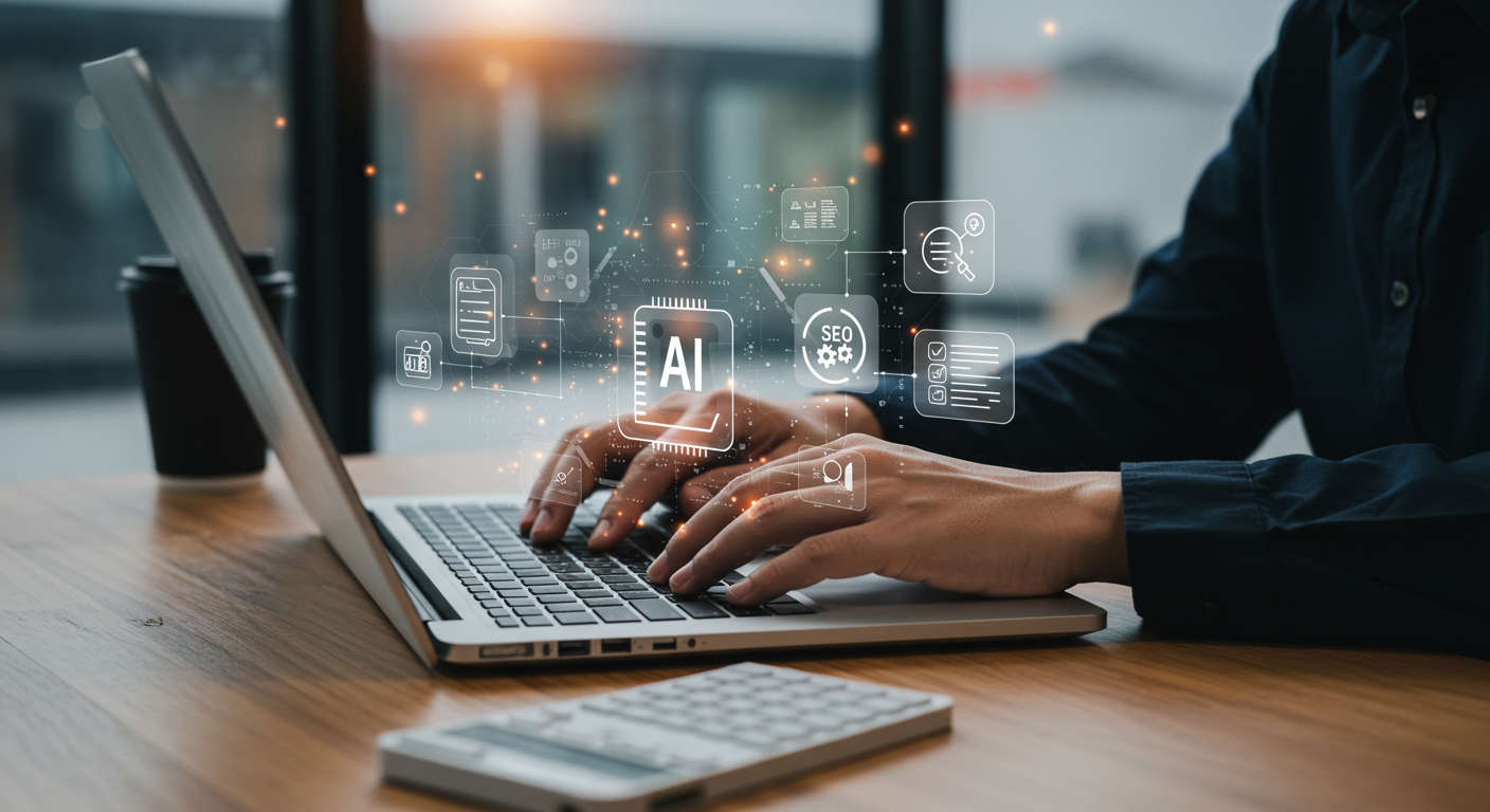 A modern small business office with a person using AI-powered tools on a laptop, surrounded by digital icons representing content writing, SEO optimisation, and keyword research, symbolising AI transforming content writing for SMBs and startups