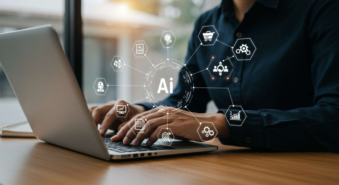 A small business owner using an AI virtual assistant on a laptop, surrounded by icons representing marketing automation, e-commerce, and lead generation, modern office setting, bright and professional