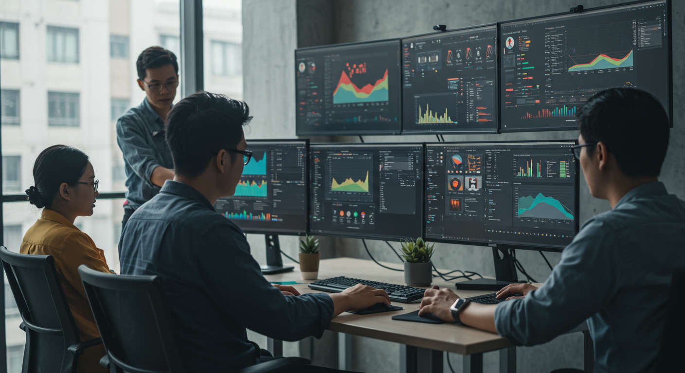 A digital agency team working on SEO content strategy with AI tools on multiple screens, showing keyword research and content planning, modern office environment