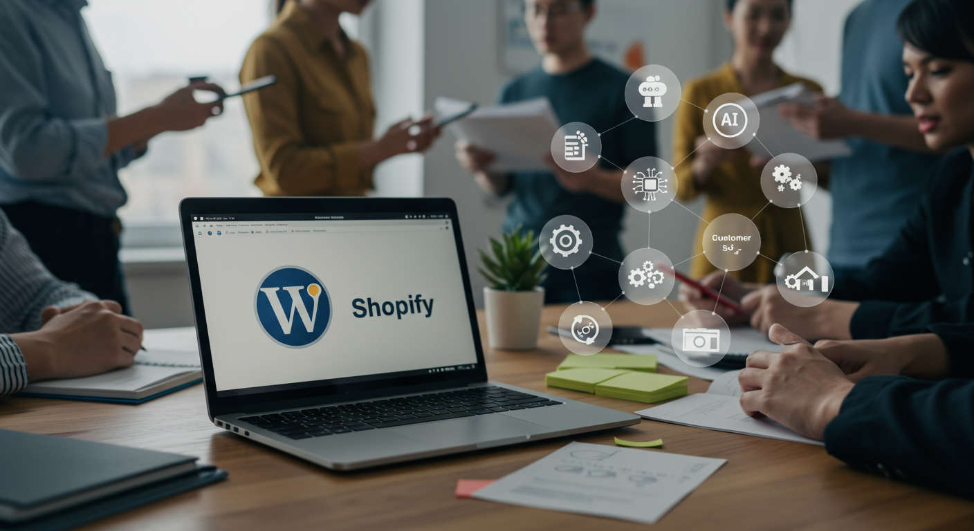 Modern workspace with laptop showing WordPress and Shopify logos, surrounded by AI automation, SEO, customer support, and ecommerce icons, representing AI automation plugins for SMBs and startups in 2025