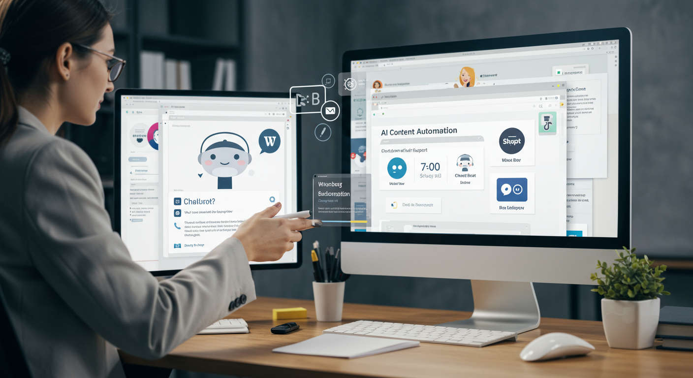 Illustration of integrating AI content automation with customer support using WordPress and Shopify plugins and chatbot configuration in a digital workspace