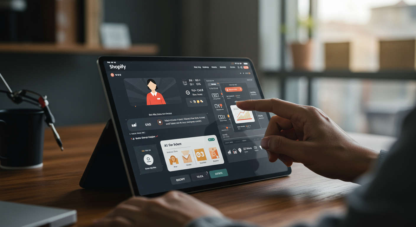 Shopify store owner setting up AI virtual employees with a no-code plugin, managing inventory and marketing automation on a tablet, vibrant and intuitive interface