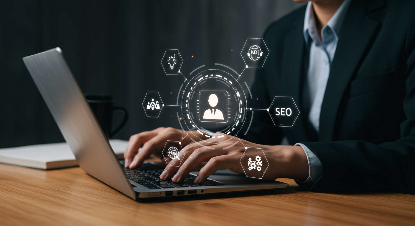 Small business owner using AI virtual employee software with digital automation icons in a modern office