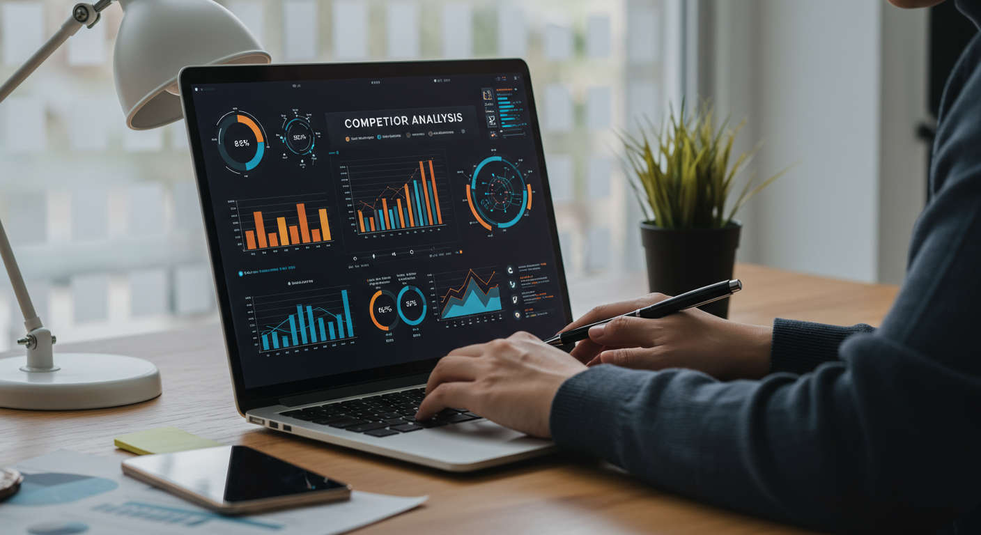 Small business owner using AI competitor analysis tools on a laptop, with charts and data visuals on screen, modern office background
