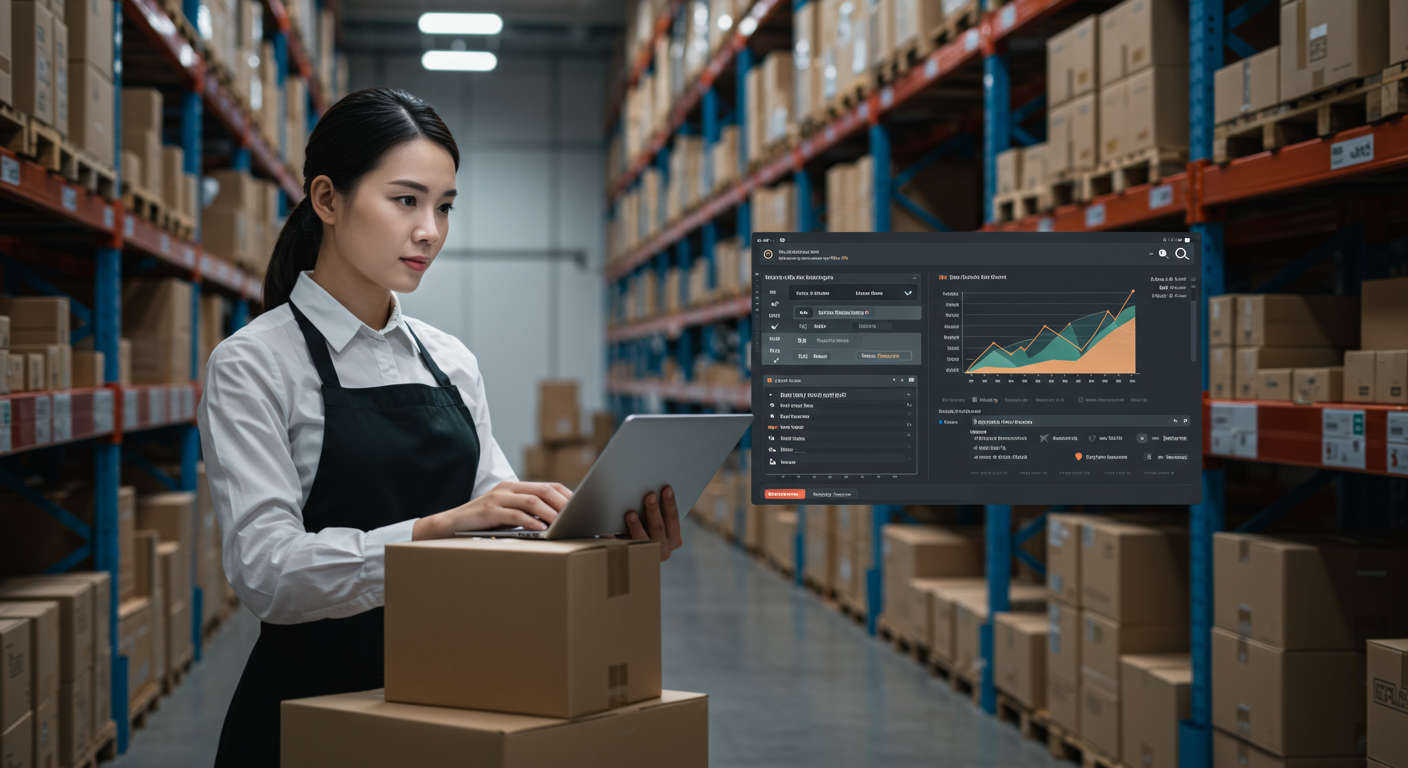 AI-driven inventory management with real-time stock updates and predictive analytics in a modern warehouse setting