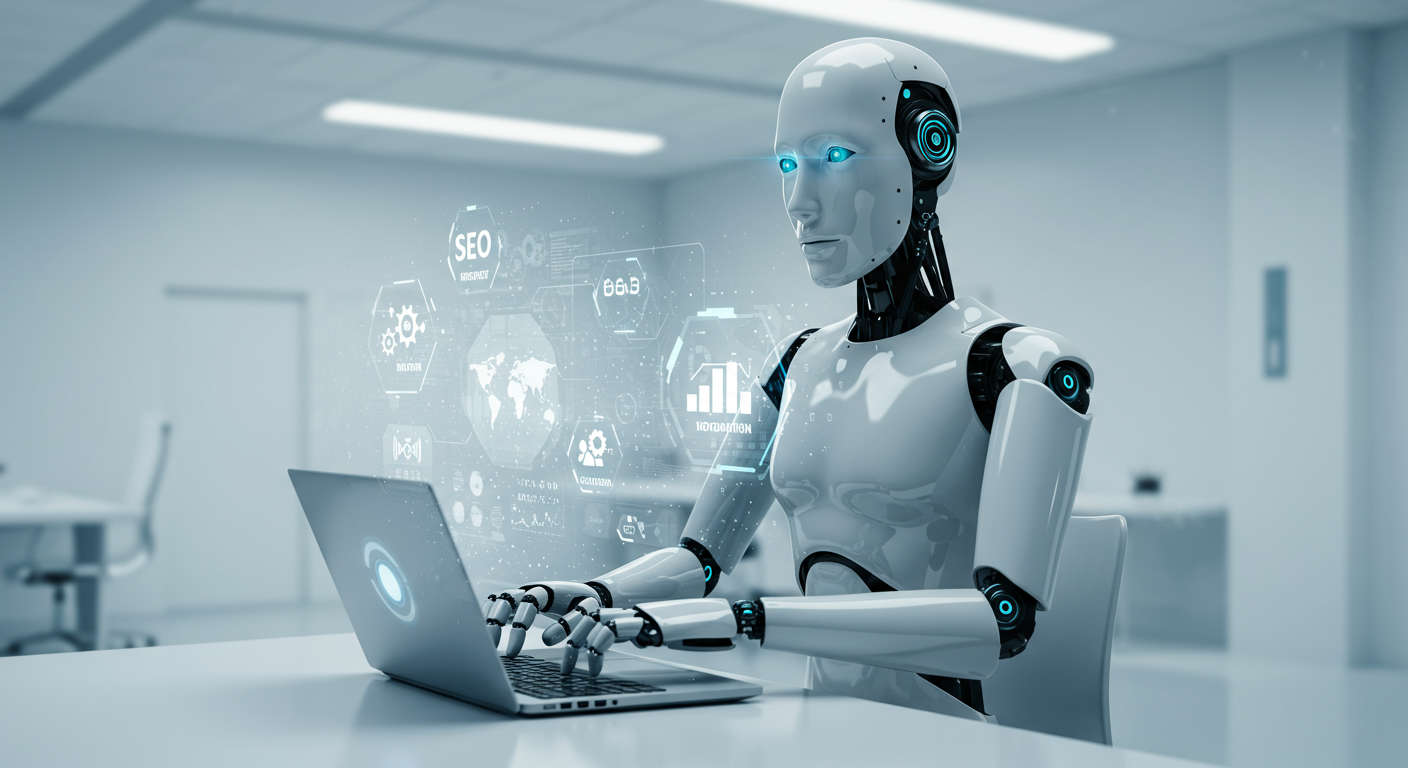 AI virtual employee working autonomously on a laptop, surrounded by icons representing SEO, lead generation, and workflow automation, futuristic style