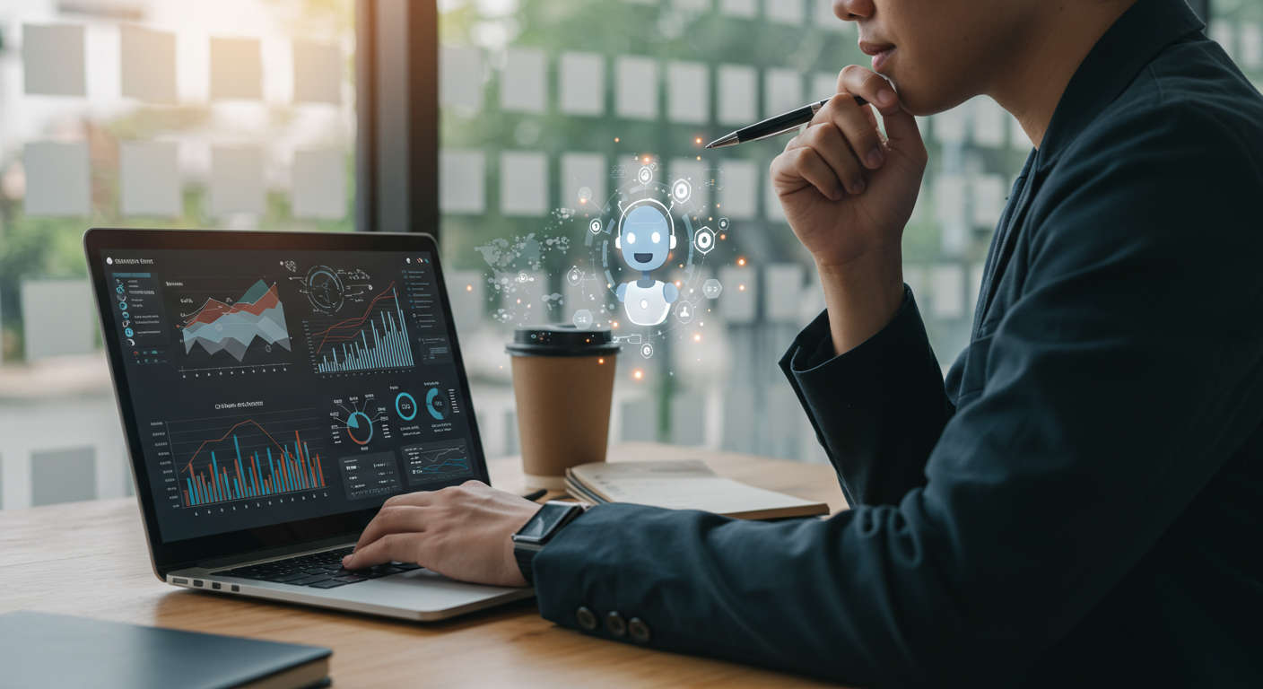 Small business owner monitoring AI chatbot performance on a laptop, with graphs and customer feedback visible, emphasising optimisation and continuous improvement