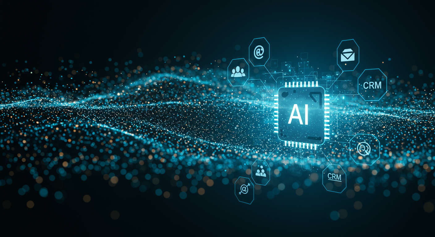 Modern digital marketing concept showing AI technology integration with small business growth, featuring abstract AI elements, digital data streams, and business icons like charts, email, and CRM symbols in blue and green tones