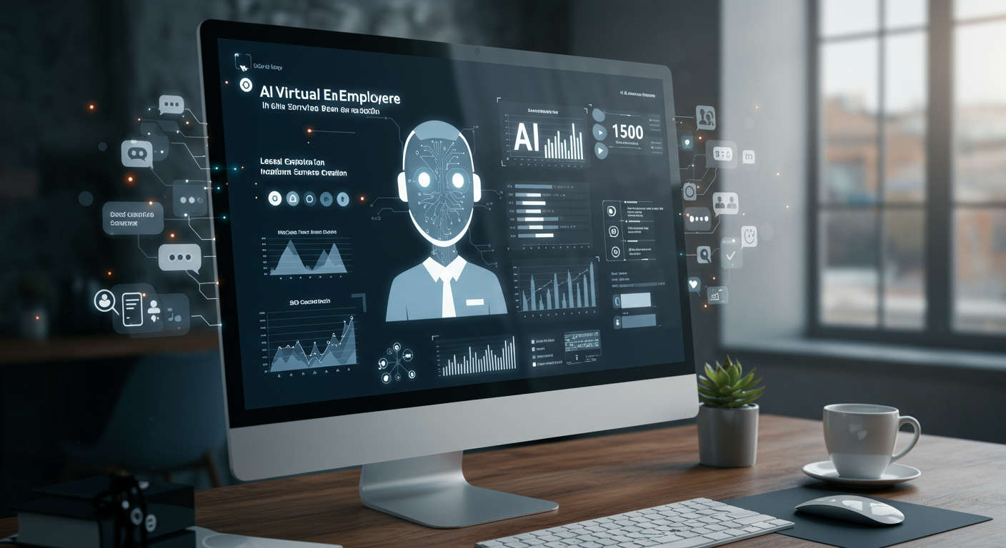 Local service provider using AI virtual employee for lead capture and SEO content creation on a desktop, with local search results and customer engagement visuals