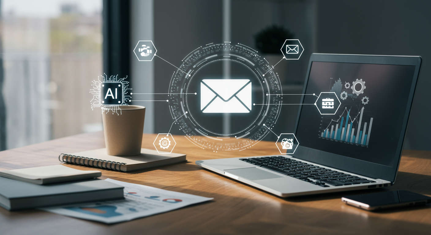Modern workspace with laptop showing AI email marketing automation software, surrounded by digital icons symbolising AI, email, automation, and small business growth