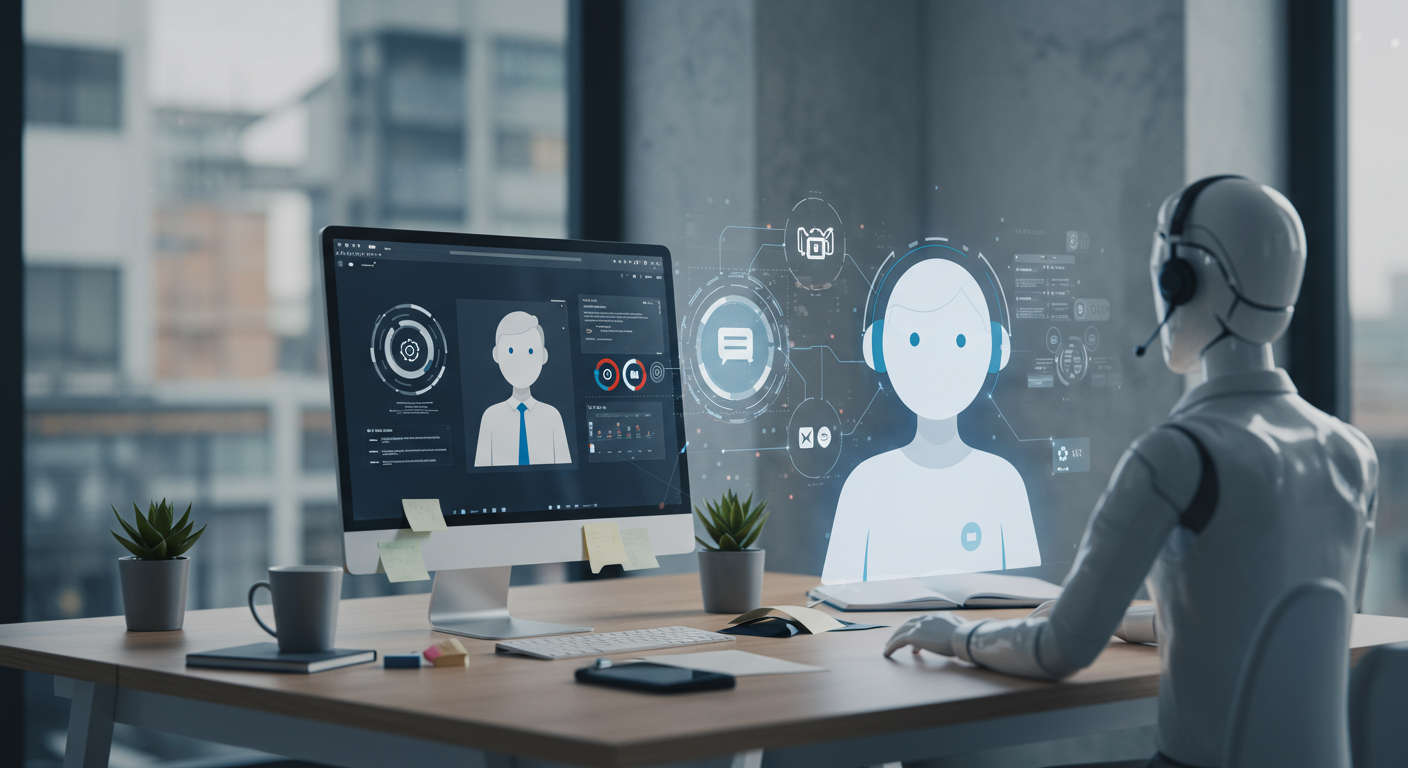 AI virtual employees autonomously performing business tasks integrated with WordPress and Shopify platforms in a modern office setting