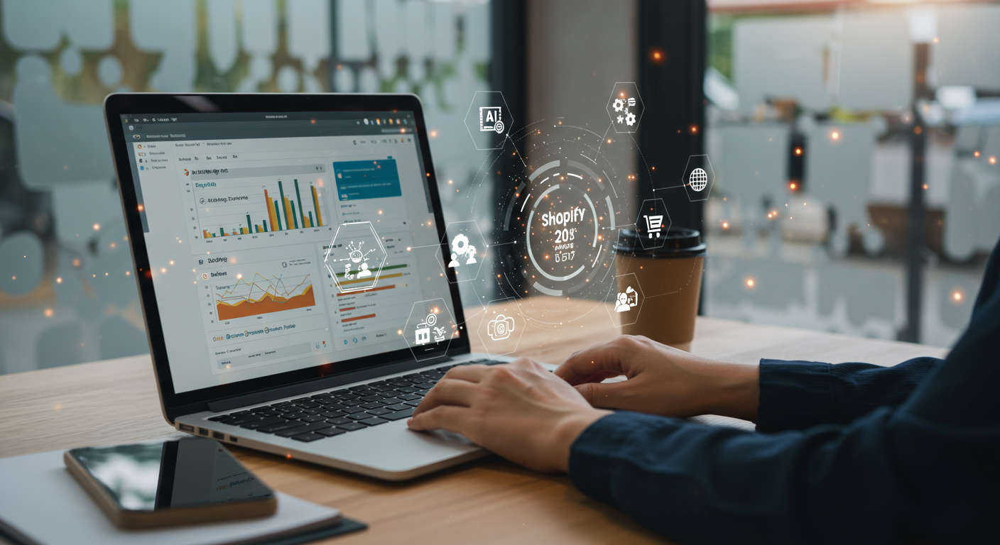 Modern ecommerce workspace with laptop showing Shopify dashboard, AI automation and inventory management icons, small business owner working efficiently in bright professional setting