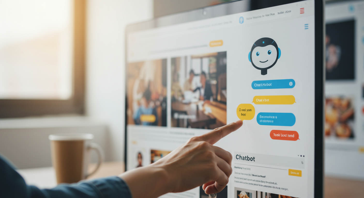 An AI virtual assistant chatbot interacting with customers on a website, demonstrating lead generation and customer support automation in an online business setting