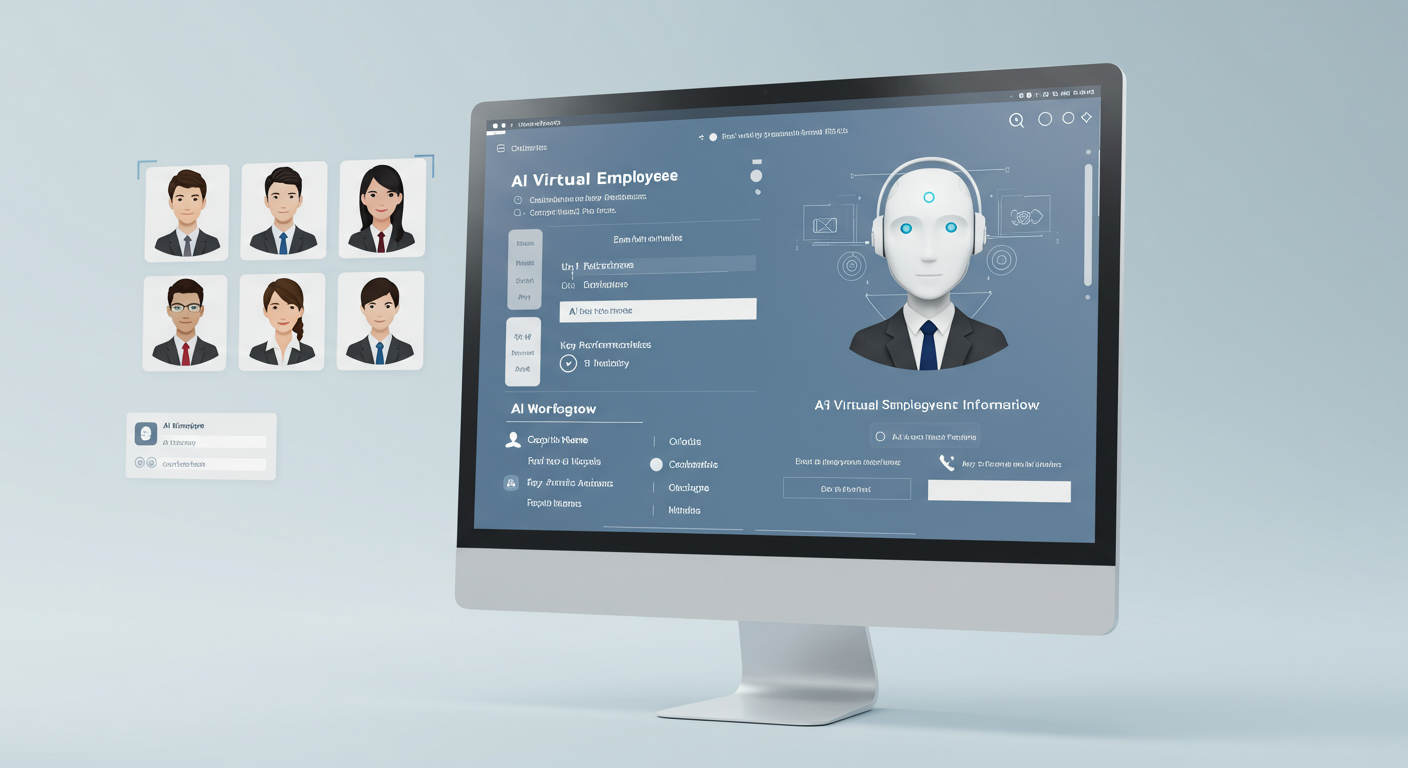 An AI virtual employee setup wizard on a computer screen, showing avatar selection, business context input, and task configuration, with a clean and professional interface
