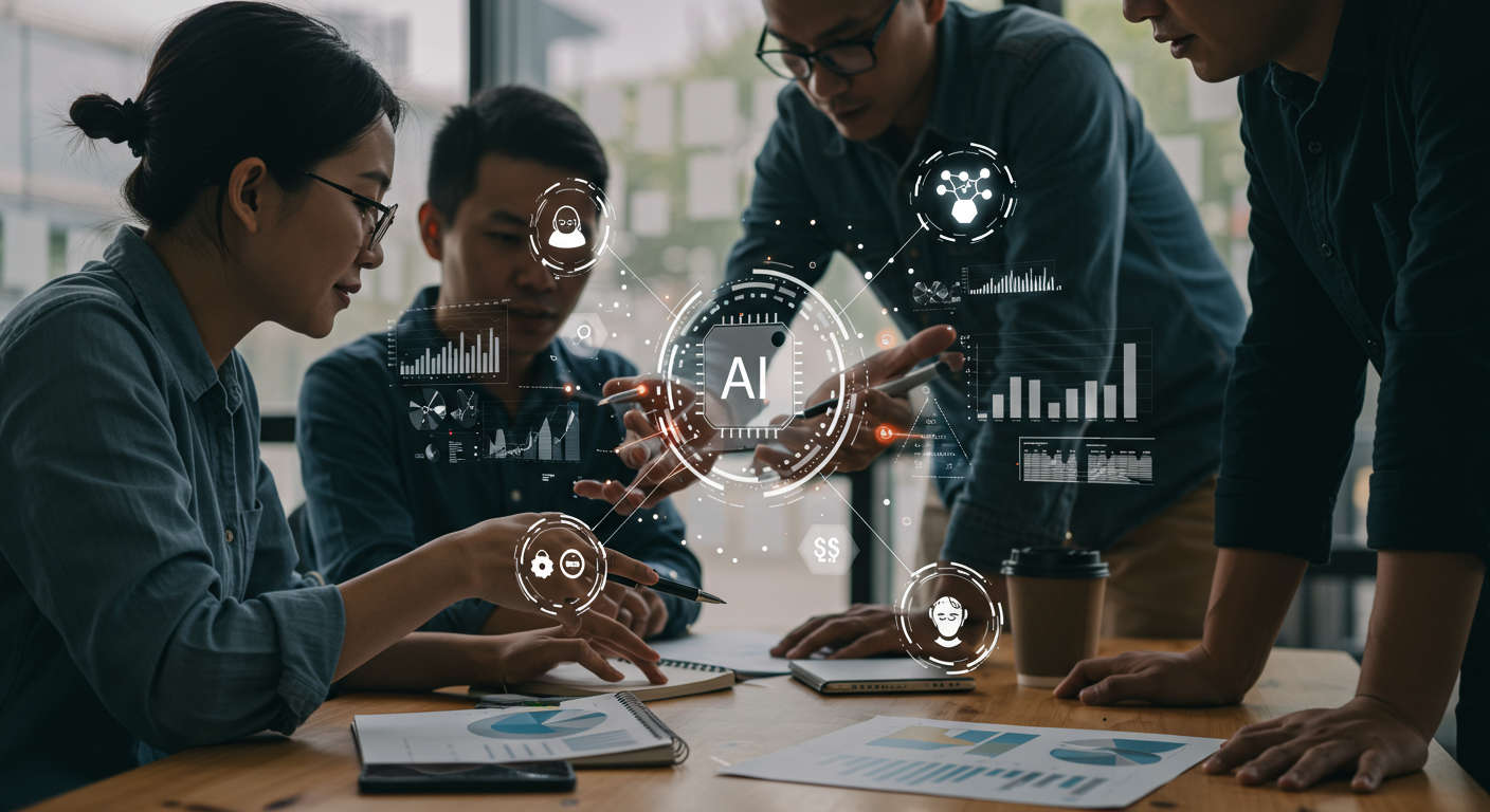 Diverse small business owners and startup entrepreneurs analysing data with AI automation icons, symbolising AI-driven business growth and ROI measurement in a modern office setting