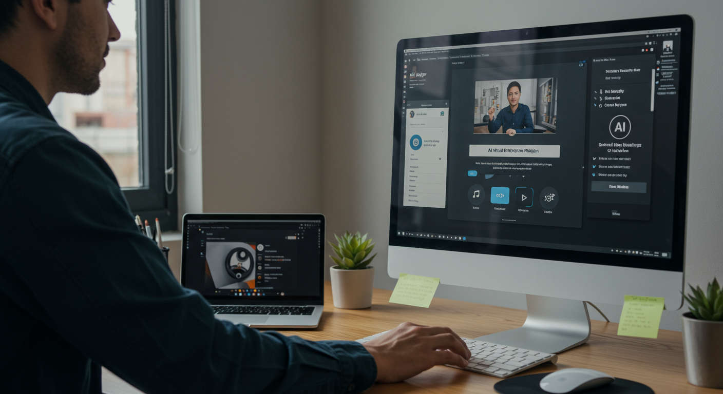 Small business owner installing and onboarding an AI virtual employee plugin on WordPress and Shopify, showing plugin interface and setup steps on a computer screen in a modern office.