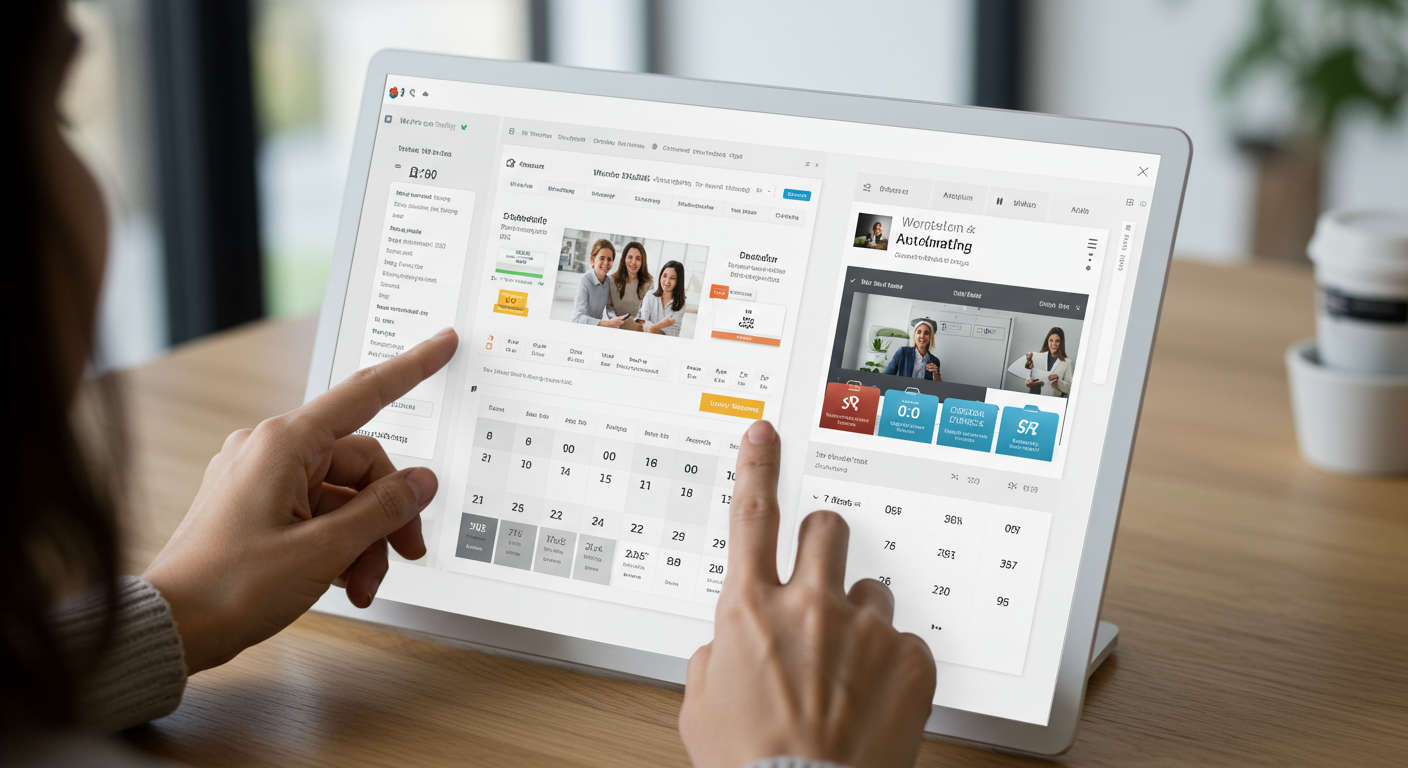 User interacting with a WordPress and Shopify plugin interface for scheduling email marketing campaigns, calendar view and automation triggers visible, bright and clean UI design