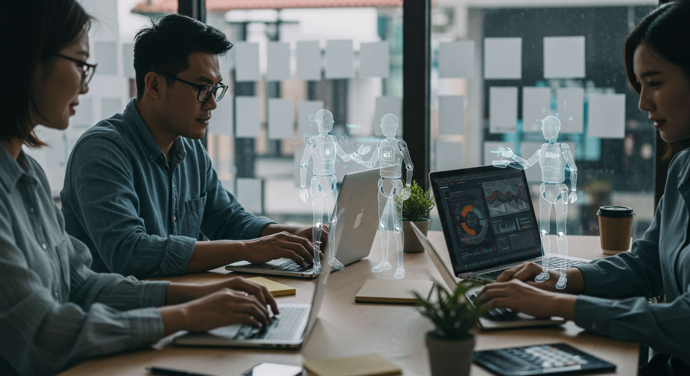 Small business owners and startup entrepreneurs collaborating with AI virtual employees on laptops in a modern office environment, illustrating AI technology integration in business workflows