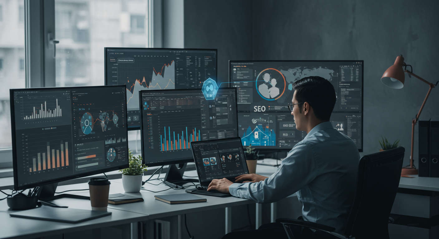 Small business owner working with AI virtual employees on multiple screens showing SEO, marketing, and e-commerce automation in a modern office environment