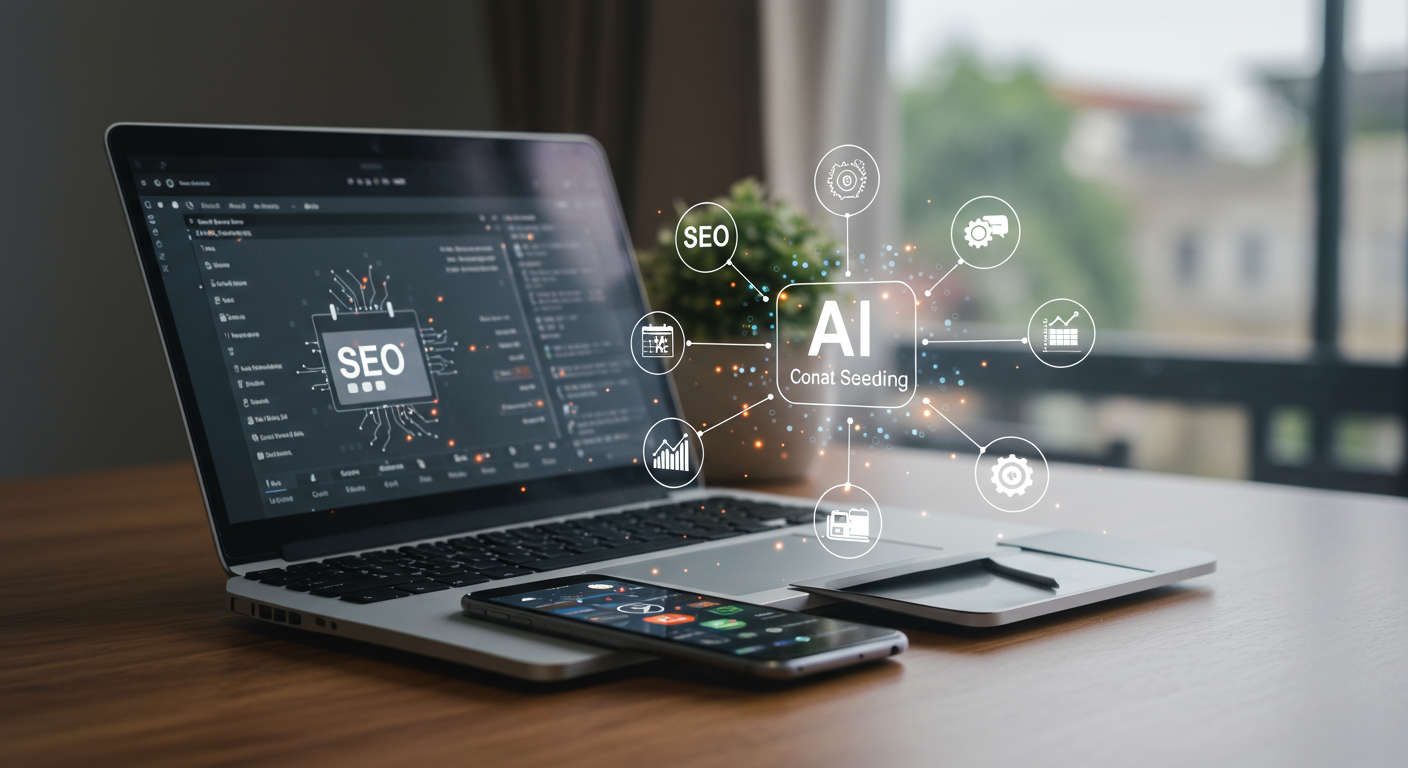 Modern digital workspace with laptop and smartphone displaying AI content scheduling software, surrounded by SEO, calendar, automation, and AI technology icons representing efficiency for SMBs and startups