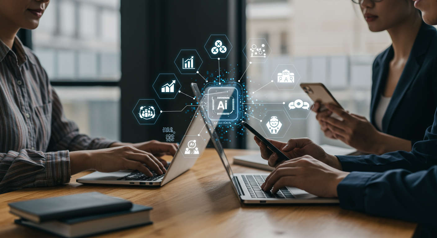 Diverse small business owners using AI technology with digital icons representing AI automation, customer support, lead generation, and SEO content creation in a modern office setting