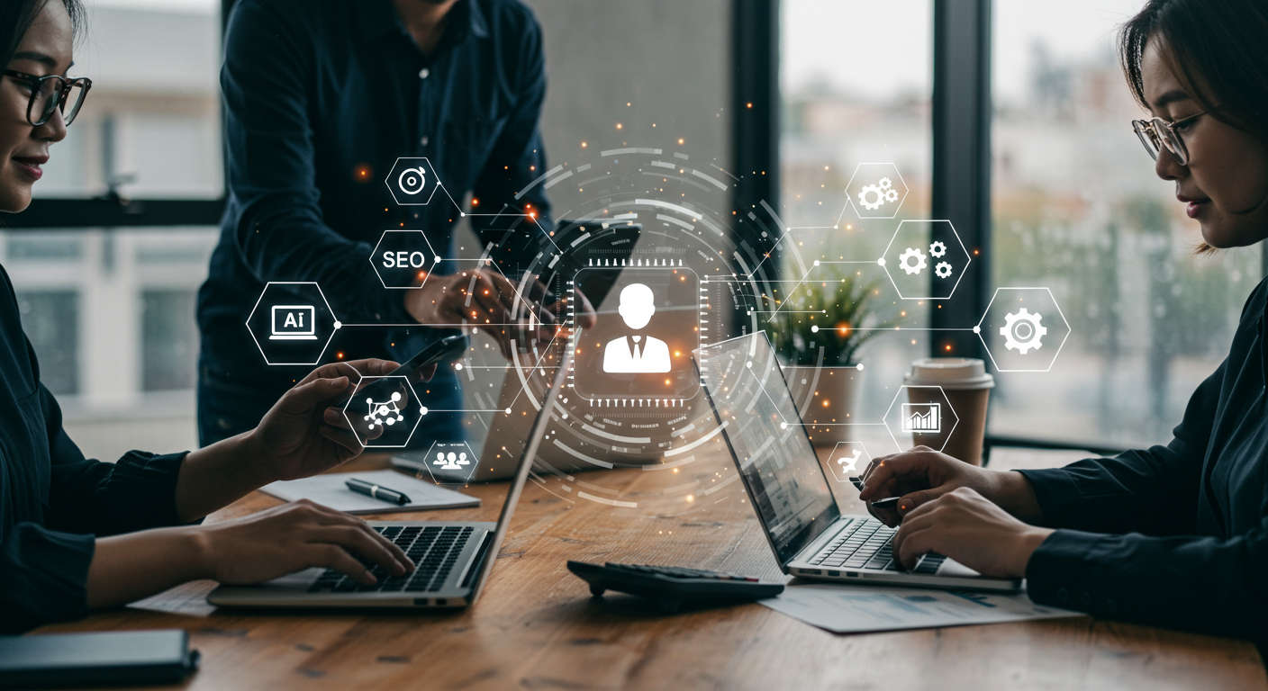 Diverse small business owners and startup entrepreneurs using AI technology for SEO, lead generation, and content automation in a modern digital marketing environment