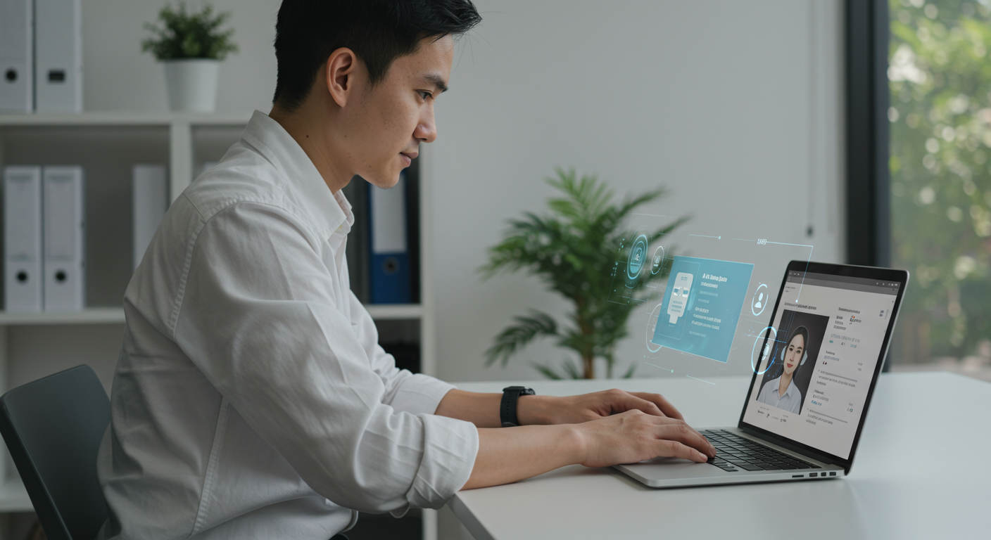 Small business owner using AI virtual employee platform on a laptop, showing automated lead generation and SEO content creation, modern office background