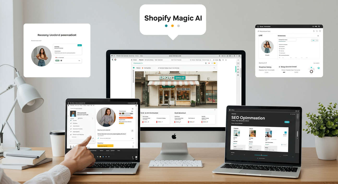An e-commerce workspace showing Shopify Magic AI features in action: product description generation, automated customer support chat, SEO optimisation dashboard, bright and professional
