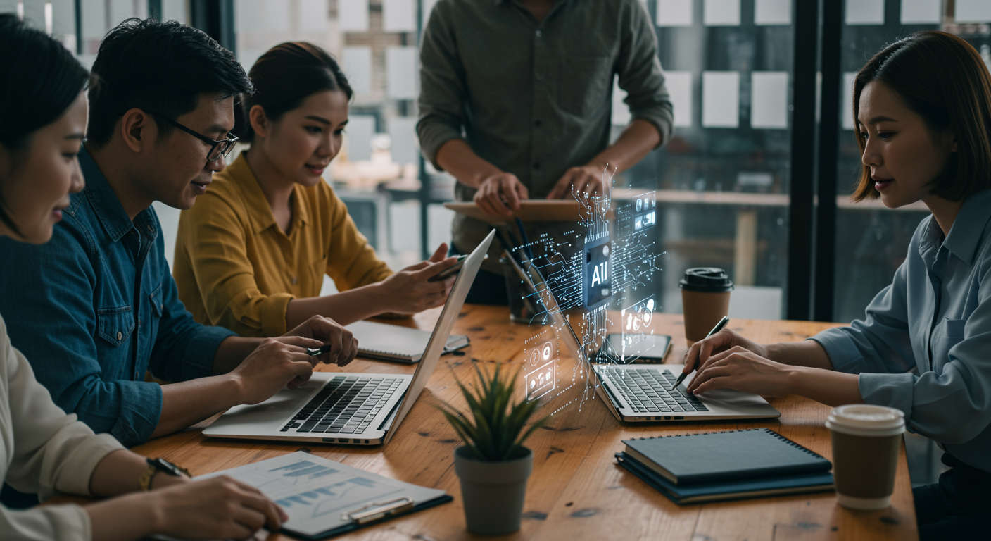 Diverse small business owners and startup founders collaborating with AI technology on laptops and digital devices, representing AI automation and marketing growth in a modern office environment