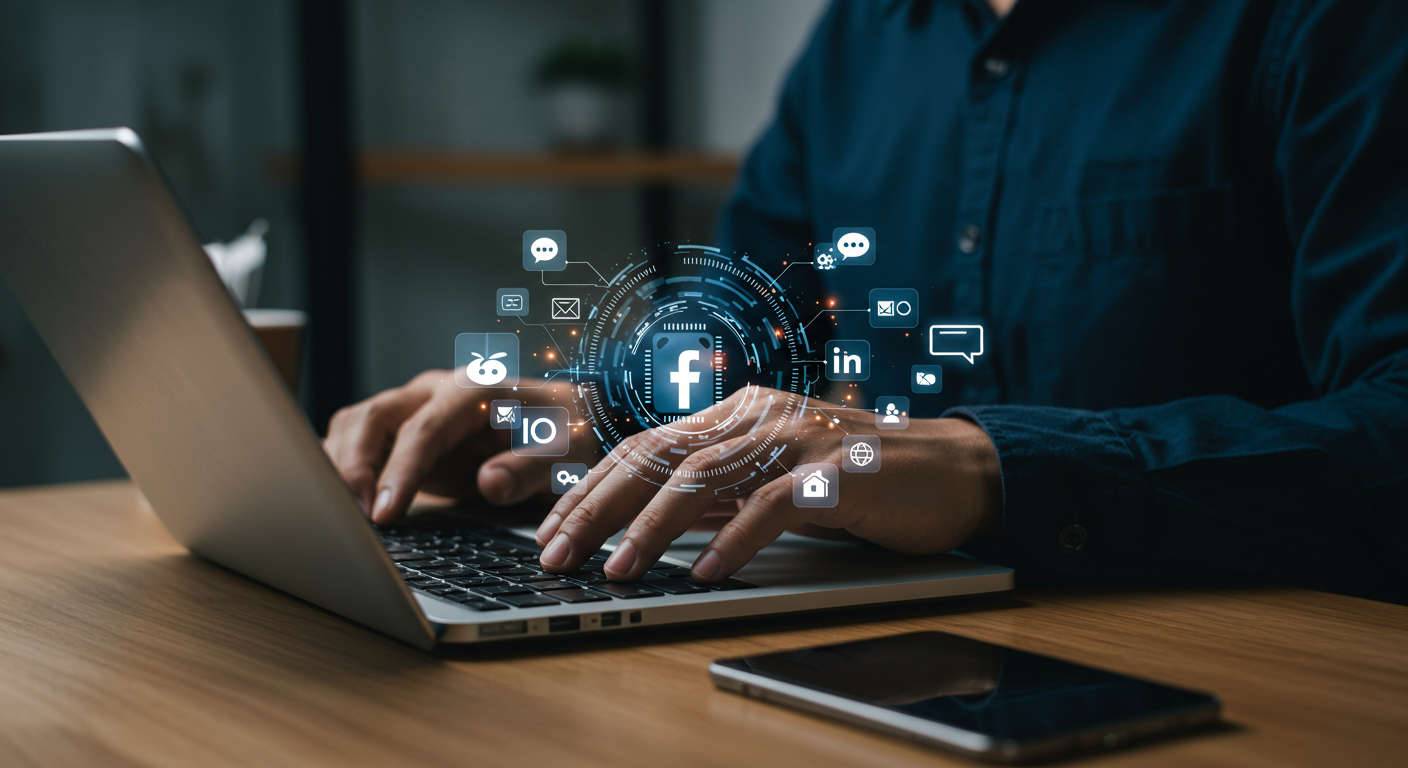A small business owner using AI-powered social media scheduling on a laptop, with icons of Facebook, LinkedIn, and other social media platforms around, symbolising automation and efficiency