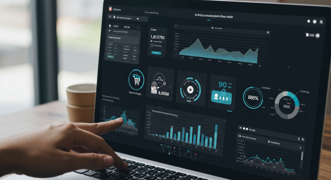 AI virtual employee plugin automating competitor monitoring tasks on WordPress and Shopify platforms, digital interface with automation icons and graphs