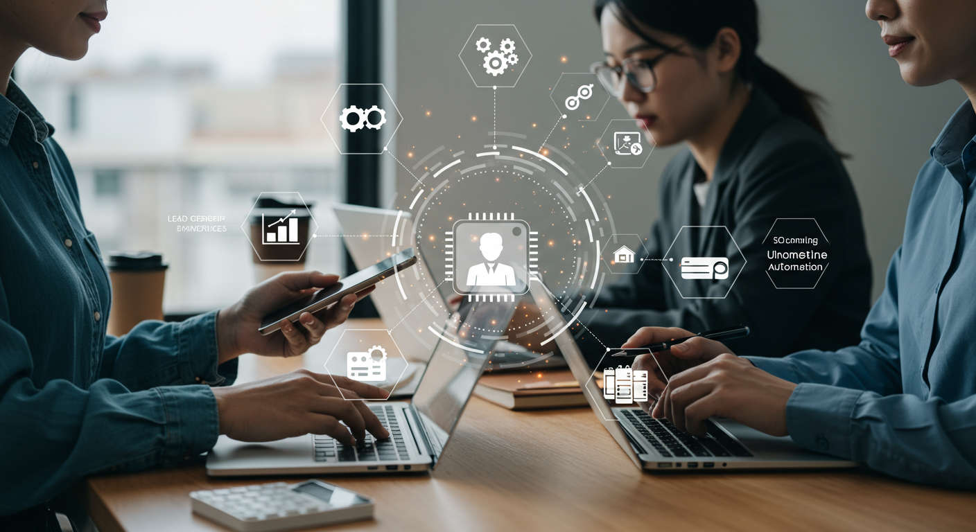 Diverse small business owners and startup entrepreneurs using AI virtual employees on laptops and mobile devices, surrounded by icons of lead generation, SEO content, ecommerce, and marketing automation in a bright modern office environment